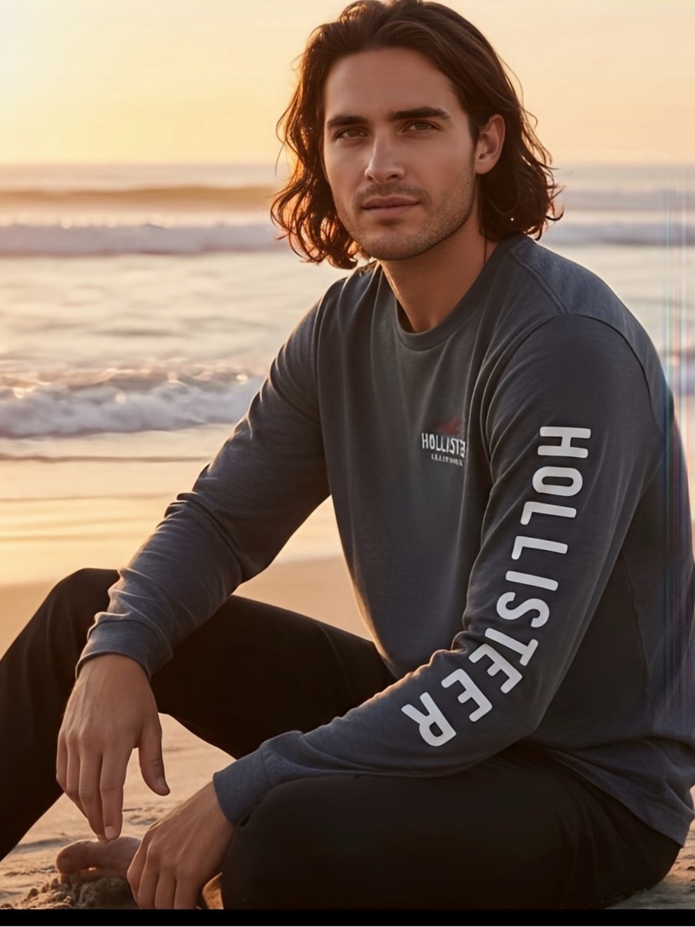Hollister Men’s Long Sleeve Graphic Tee  Size M | California Surf Logo Navy Blue